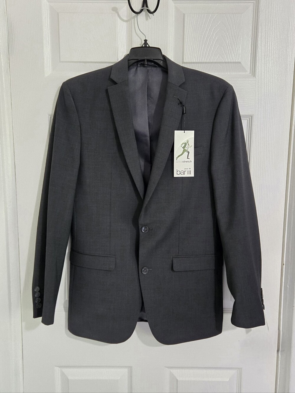 Bar III Active Stretch Sport Coat Blazer 38L Dark Gray Wool Blend Slim Fit NWT